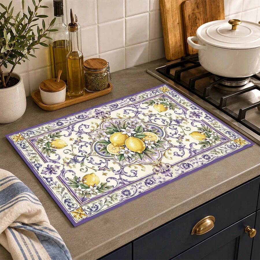 1pc Lemon Print Absorbent Drying Mat, Kitchen Decor Coffee Machine Mat, Laundry Room Accessory Handmade Coffee Pot Drip Tray, Kitchen Floor Mat, Table Mat, Kitchen Countertop Dish Drying Mat, Breakfast Mat, Heat-Resistant Drip Tray With Non-Slip Backing, Diatomaceous Earth Drip Tray, Stain-Hiding, Super Absorbent Kitchen Drip Tray, Easy-To-Clean Dish Rack Mat, Perfect For Kitchen, Dining Table, Coffee Shop, Bar, Holiday, Party, Home Decor, Holiday Gift - Multicolor - View 1