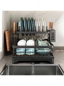 2-Tier Black Expandable Dish Drying Rack, Suitable For Kitchen Countertops, Large Dish Drainer With Pot Rack, Cup Rack, And Dish Rack For Iron Kitchen Counters And Sink Dish Racks - Large-Capacity Storage Rack With Draining Board,Kitchen Essentials - View 5