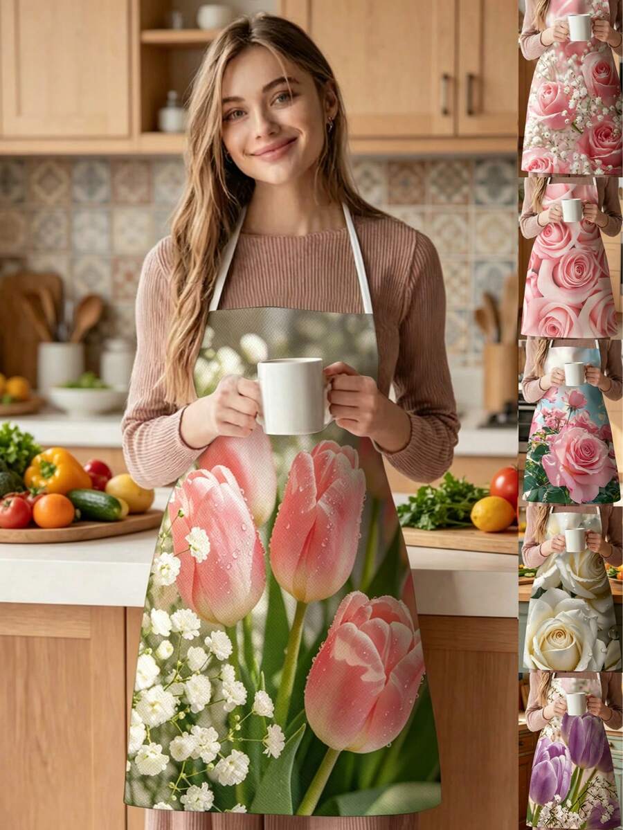 1pc, Tulip And Rose Pattern Polyester Apron, Suitable For Cooking, Baking, And Gardening – Can Also Be Used As Attire For The Kitchen And Dining. - Multicolor - View 1
