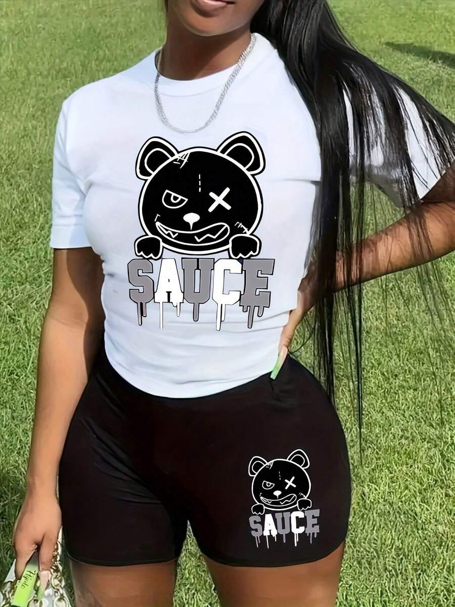Two-Piece Outfit Featuring A Letter Print, Consisting Of A Short-Sleeve T-Shirt And Short Leggings, Designed For Women - White - View 1
