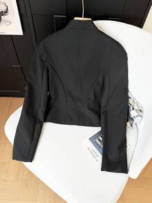 GMFP 女款軍風金色鈕扣長袖立領短版黑色夾克，優雅復古，適合外出聚會，2026 秋冬女款 - 碳黑色 - 查看 7