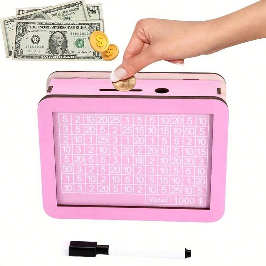 1 pieza Hucha pequeña con símbolo de Dólar/Euro, Caja de dinero de madera DIY rosa & azul, Reutilizable y escribible, Adecuada para monedas y billetes, Plan de ahorro, Regalo para niños y niñas, Temporada de vuelta al colegio Decoración de Halloween, Suministros de aprendizaje - Multicolor - Ver 1