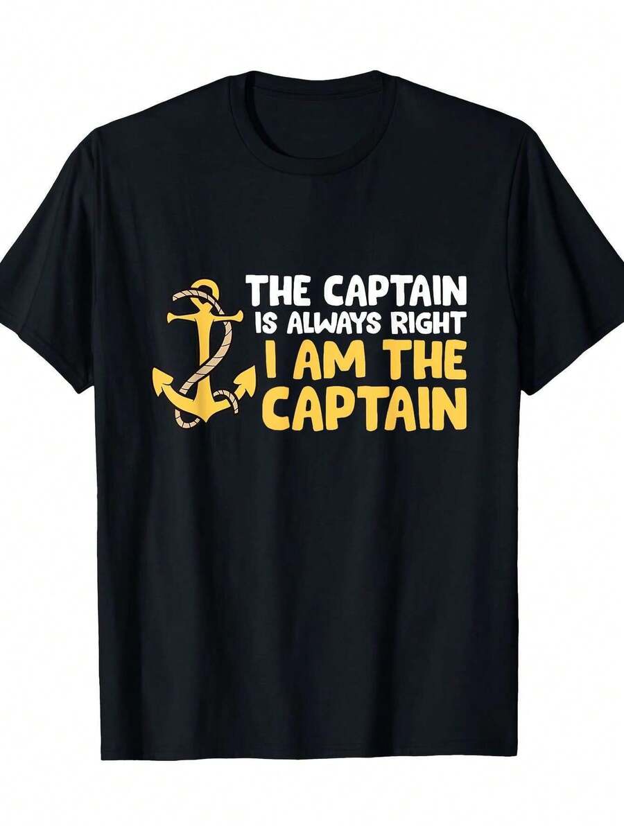 1 unidad, Camiseta de cuello redondo con estampado divertido de capitán para hombre, estilo casual urbano y deportivo, ideal para todas las estaciones, regalo perfecto para cumpleaños o vaca - Negro - Ver 1