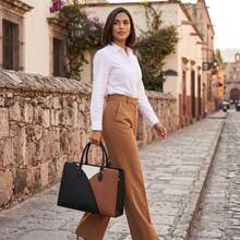 Women's Waterproof Tricolor PU Leather Office Tote Bag, Fits 15.6" Laptop, Detachable Strap, Stylish Design, Ideal For Office, Meetings, Shopping, Air Travel And Everyday Use - 黑色 - 查看 1