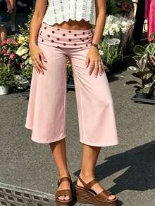 Women 's Fold Over Lounge Capris Wide Leg Low Rise Cropped Gaucho Pants Solid Color Flowy Pajama Bottom - 淺粉色 - 查看 2