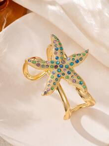 1pc Bohemian Colorful Rhinestone Starfish Open Adjustable Bangle, Suitable For Women's Daily, Beach, Vacation Wear, Ocean Theme Jewelry - Yellow Gold - View 2