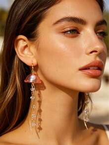 1 Paar elegante personalisierte Quallen-Ohrringe mit langen Quasten für Damen, kreatives Design mit transparenten Strass-Quallen, geeignet für Alltag, Party, Date, Urlaub, Musikfestival, Sommerstrandurlaub, Gedenkgeschenk für Freunde, Familie, Paare, Frauen, Schmuckaccessoires - Gold und Rosa - Übersicht 3