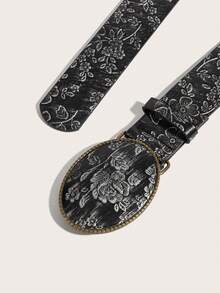 1pc Women's Vintage Round Buckle Black & Grey Belt Suitable For Daily Use - Multicolor - View 4