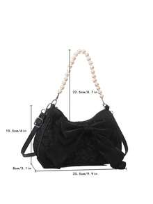 Fashionable Pearl Chain Handbag Shoulder Bag - Black - View 7