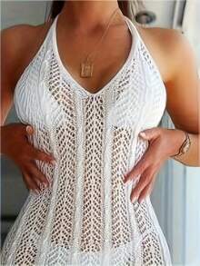 Vestido de playa, color sólido, sexy, con cuello halter en V, diseño calado y semitransparente, ropa de baño y vestimenta para mujer. - Negro - Ver 10