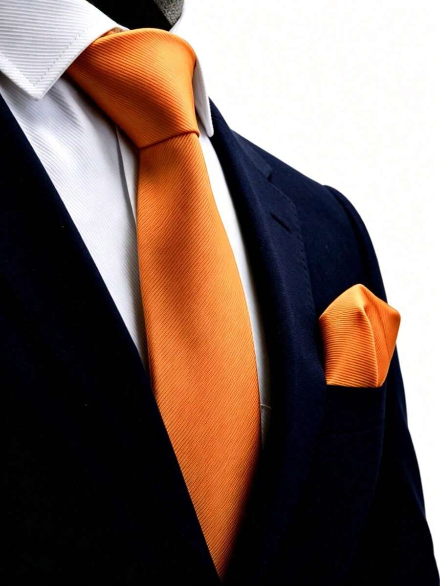 1pc Men's 8cm Gold Ribbed Tie And Pocket Square Set, Wedding Party Groom Tie Set - Orange - View 1