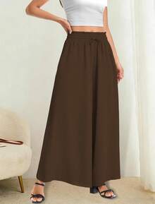 Women's Wide Leg Pants, Elastic Waist With Drawstring, Lightweight Loose Casual Trousers With Pockets - 咖啡 - 查看 4