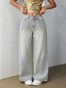IDYLLIC Pantalones baggy Wide leg jeans mujer Vaqueros pantalón ropa casual lavada con agua cintura alta pantalones vaqueros pantalon de mezclilla dama pantalones cargo de mujer - azul real - Ver 1