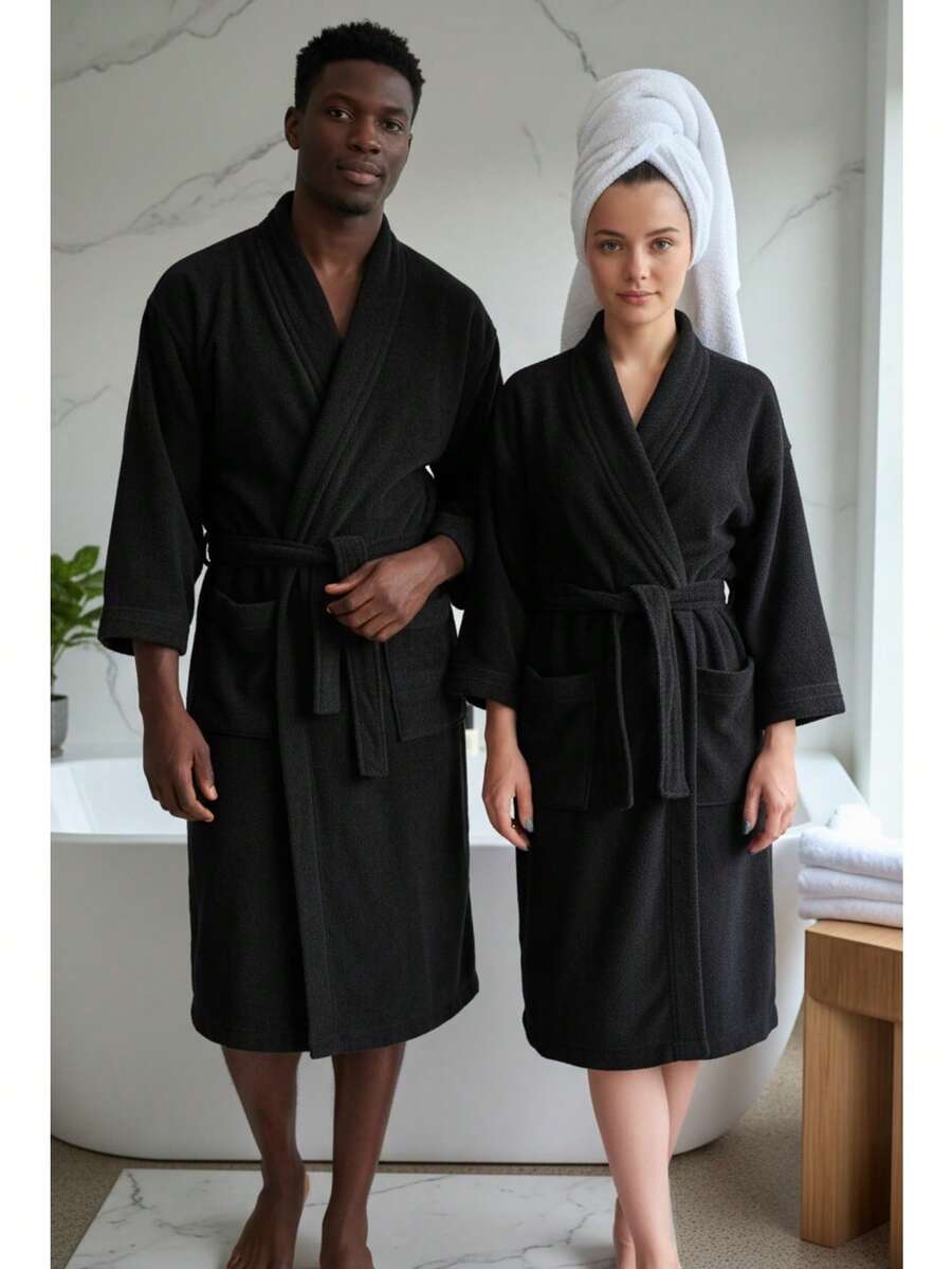 UNISEX BATHROBE, WIDE AND LONG, EXCELLENT ABSORPTION, MICRO-TOWEL FABRIC (COTTON WITH MICROFIBER) - Black - View 1