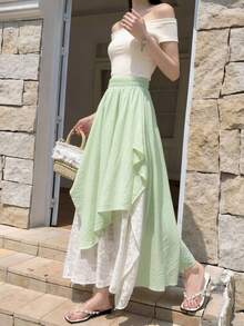 Asymmetrical Lace Patchwork High Waist Slimming Elegant Versatile A-Line Long Skirt For Women, Summer 2026 New Style - Lime Green - View 2