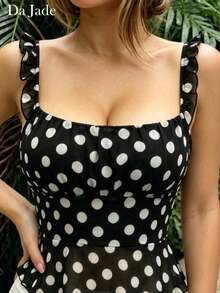 Da Jade Damen Y2K Schwarz-Weiß Polka Dot Cami Top mit Rüschen, Spaghettiträgern, quadratischem Ausschnitt, geraffter Brustpartie, Volant Saum, schmaler Passform, weich, für Sommer, Strand, Urlaub, Date Bluse - Schwarz - Übersicht 5