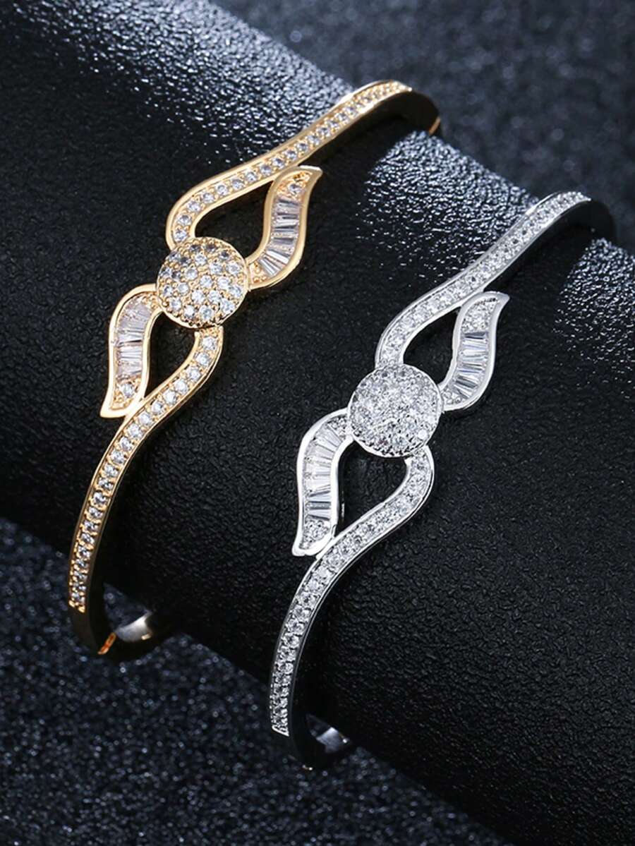 1pc Elegant Versatile Round Trapezoid Zirconia Inlaid Bangle Bracelet For Women, Eye-Catching Accessory For Daily Wear, Outings And Parties