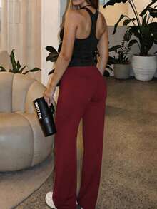 Estos pantalones anchos de yoga de unicolor son cómodos y estilizadores, adecuados para correr, hacer ejercicio y diversas actividades de yoga. Negro primavera - Burdeos 2 - Ver 11