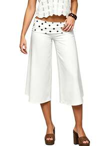 Fold Over Wide Leg Capri Pants For Women Low Rise Lounge Yoga Flare Culottes Y2k Flowy Crop Palazzo Pants - 黑與白 - 查看 9