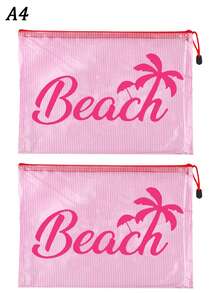 多色防水時尚網格海灘包，印有「Beach」椰子樹、遮陽傘圖案的化妝包，海灘主題，大容量透明化妝包，可存放防曬霜、零食、比基尼和海灘必需品。春/夏防曬收納，適合游泳、海灘、潛水和夏季度假，學生開學、送給朋友、家人、閨蜜、同學的禮物。生日、節日、派對、婚禮（伴娘）、郵輪必需品、畢業禮物 - 彩色 - 查看 21