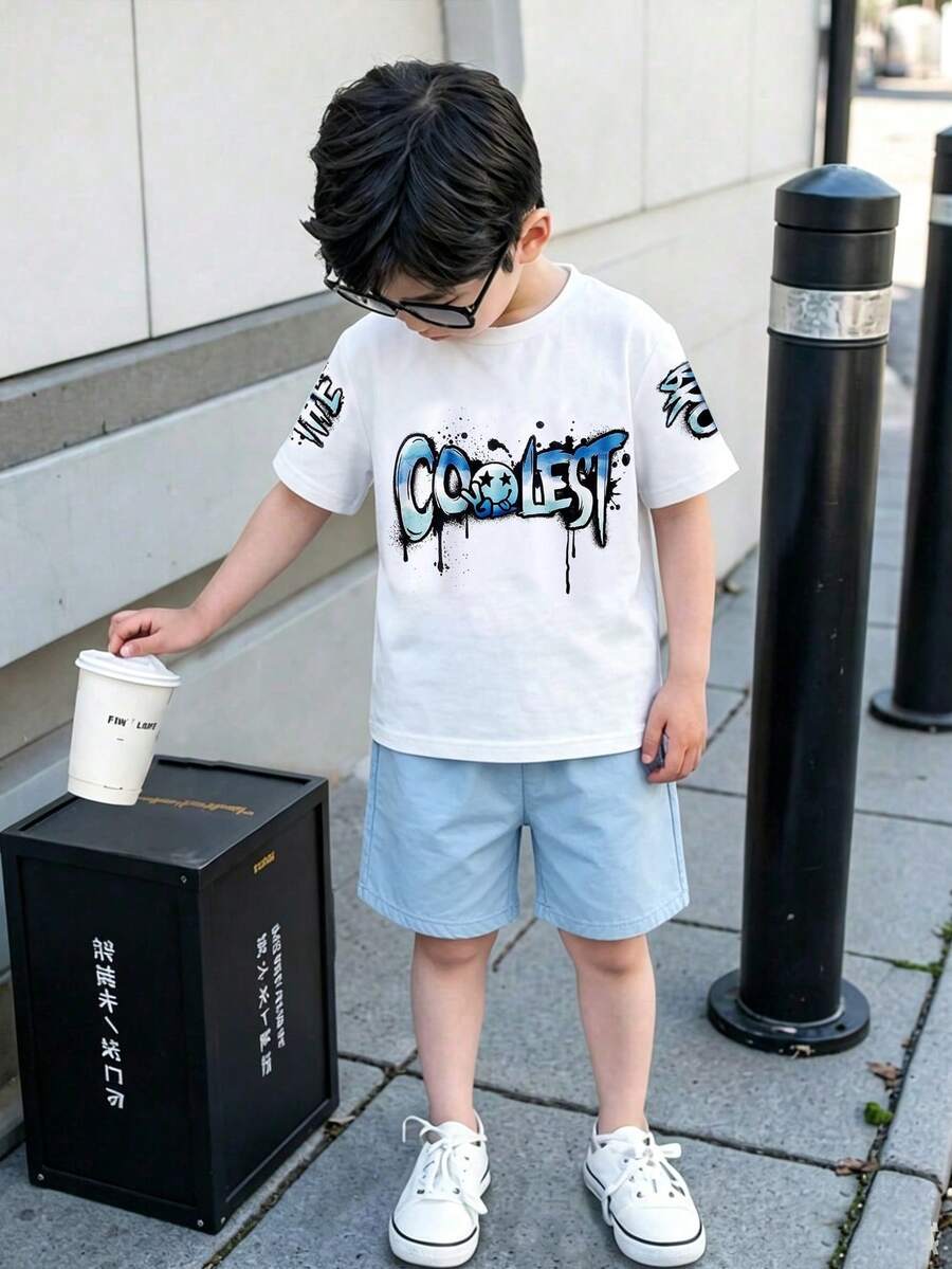 男童字母印花短袖T恤和短裤休闲套装 - 白色 - 查看 1