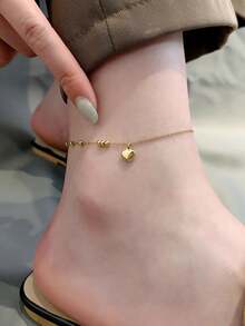 1pc Stainless Steel Beaded Heart Anklet, Women's Daily And Summer Beach Vacation Accessory Gift (Gift Box Not Included) - Gold - View 5