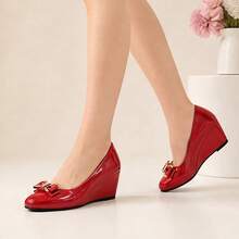 Geeyea Ladies' Wedge Heels, High Heels, PU Synthetic Leather Bowknot Thick-Soled Shoes, Slip-On Shoes Suitable For Office, Dating, And Parties - 紅色 - 查看 6