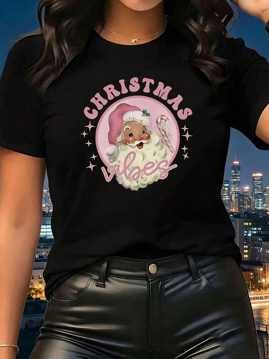 Women's T-Shirt, Christmas Vibes Text, Comfortable Wear - 黑色 - 查看 1