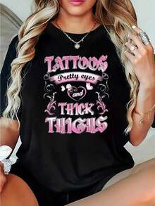 New Arrival,Women'S Casual T-Shirt - &Quot;Tattoos, Pretty Eyes And Thick Things&Quot; Print, Round Neck,Best Gift For You - Black - View 1