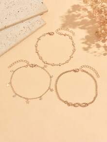 3pcs/Set Classic All-Match Gold Infinity Symbol Heart Decor Cross Star Rhinestone Anklet Set, Versatile Women's Foot Jewelry Suitable For Daily Wear, Vacation, Date And Party - Multicolor - View 2
