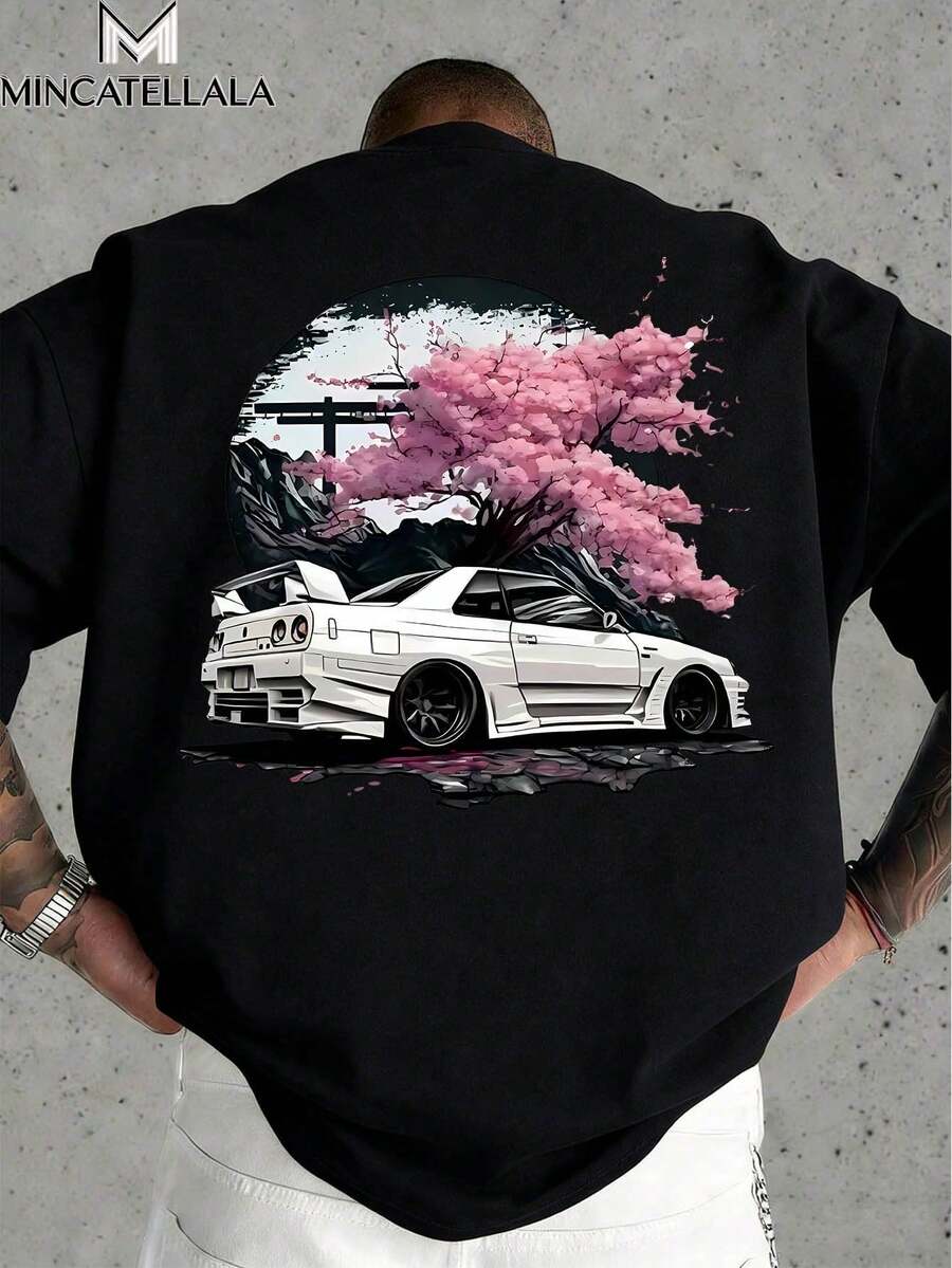 2026 Top JDM Car Cherry Blossom Landscape Pattern Men's T-Shirt, Men's Clothing, Printed T-Shirt, Men's Gift, Holiday Outfit, Casual Loungewear, Fashi - 黑色 - 查看 1