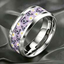 Stainless Steel Purple Butterfly Daisy Ring, Glossy Hypoallergenic Fade-Resistant, Pastoral Couple Ring - Silver Butterfly With Purple Background - View 4