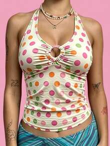 Women Cute Colorful Polka Dot Halter Top Y2K Fairy Grunge V-Neck Back Tie Tank Top Vintage Backless Slim Fit Crop Top Girls Cami Top Aesthetic Clothes - 彩色 - 查看 1