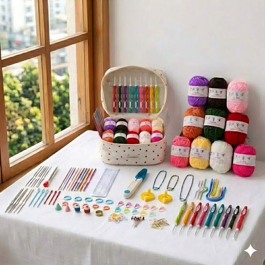 Complete Crochet Kit For Beginners And Crafters, Adult Travel Set With Knitting Needles And Yarn, All-In-One Crochet Kit Including Exquisite Women's Handbag, 31-Piece Full Crochet Set, 10 Bundles Of Yarn, Crochet Supplies And Full Range Of Crochet Accessories, Suitable For All Users - C-Multicolor Set - View 1