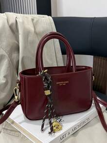 Women's Solid Color Square Handbag With Detachable Shoulder Strap, Metal Dog Charm, Letter Print Pattern, Burgundy Elegant Crossbody Bag, Zipper Closure, Polyester Lining, Vintage Style, Suitable For Shopping And Dating Occasions, Red Bag - Burgundy - View 6