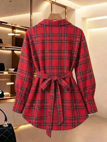 Women's Autumn/Winter Holiday Color Plaid Mid-Length High-Low Hem Slightly Dropped Shoulder Loose Fit Metal Buckle Design Belt Long Sleeve Shirt - Red - View 2