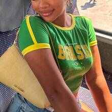 Retro Street Style Baby T-Shirt, Brazil Green Letter Print Crop Tops For Women, Slim-Fit Short Sleeve Casual Wear Y2k 2024 - nz1069- - 查看 5