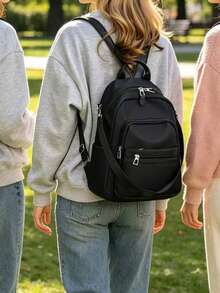 Mochila de gran capacidad para mujeres, bolso clásico de unicolor para damas - Negro 4 - Ver 5