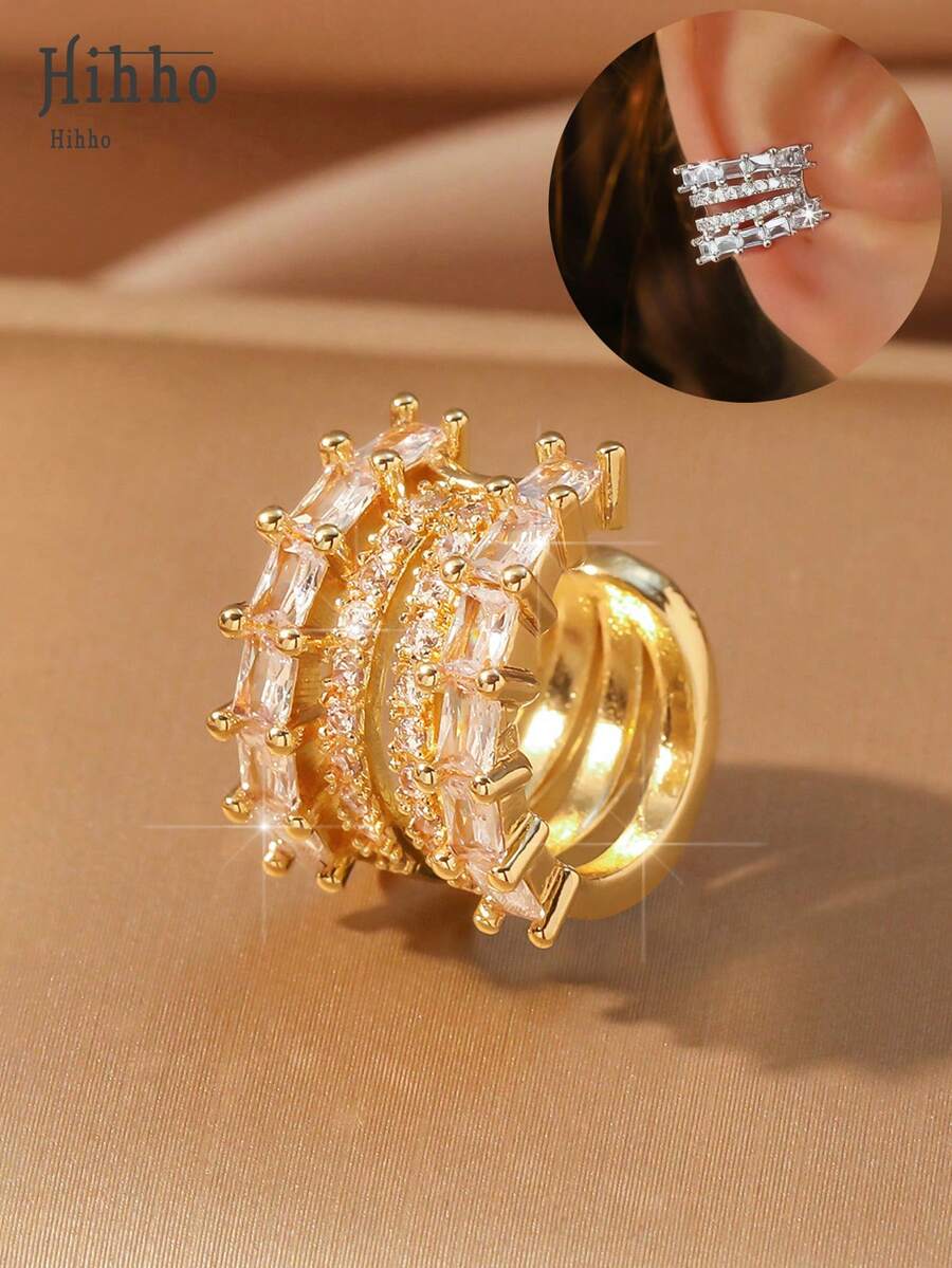 Hihho 1pc Vintage French Fashion Creative Geometric C-Shape Sparkling Zirconia Clip-On Left Or Right Ear Earring For Women, Glamorous Gold/Silver Clip Earring, Luxurious Jewelry Accessory Suitable For Daily, Festival, Party, Best Holiday Gift - C-shaped Ear Clips - View 1