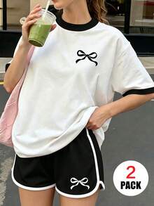 2件組女童休閒蝴蝶結印花套裝，撞色短袖上衣 + 運動短褲，舒適柔軟，適合夏季日常穿著 - 彩色 - 查看 2