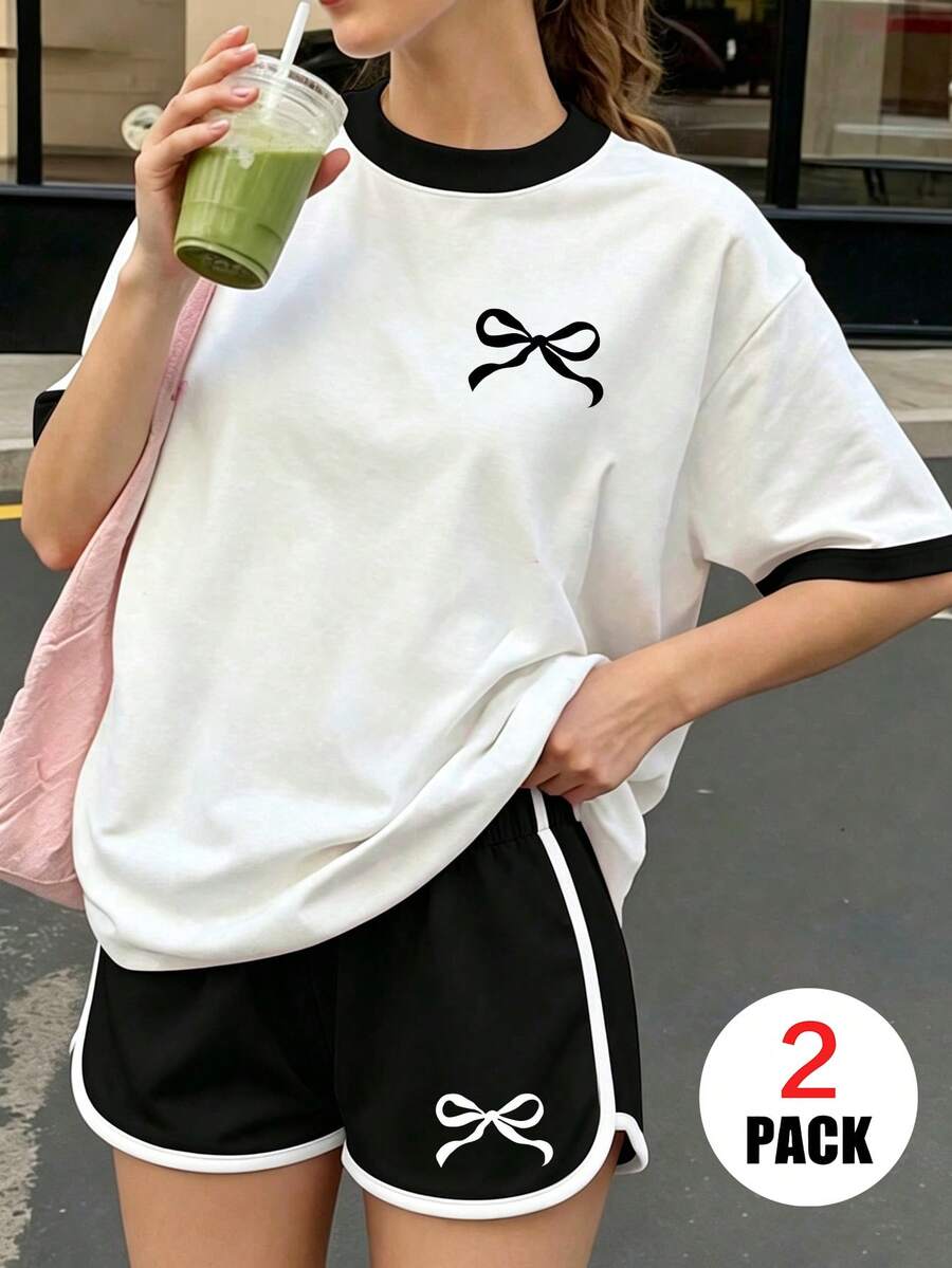 2pcs/Set Girls Casual Bow Print Outfit, Colorblock Short Sleeve Top + Athletic Shorts, Comfortable And Soft, Suitable For Summer Daily Wear - Multicolor - View 1