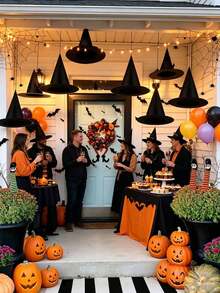 6pcs Halloween Witch Hat Hanging Decorations, 1pc 35m Fishing Line, Halloween Witch Costume Accessories, Halloween Indoor/Outdoor Party Decorations, Halloween Party Decor, Black Pointed Top Hat Decorations, Witch Hat Costume Props, With Fishing Line, Suitable For Indoor/Outdoor Halloween Party Decorations, Durable Weather-Resistant Haunted House And Garden Decorations - Multicolor - View 9