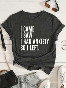 Camiseta de manga corta con estampado de eslogan para mujer , con la frase 'Vine, vi, tenía ansiedad, así que me fui', camisetas gráficas para mujer. - Gris Oscuro - Ver 1