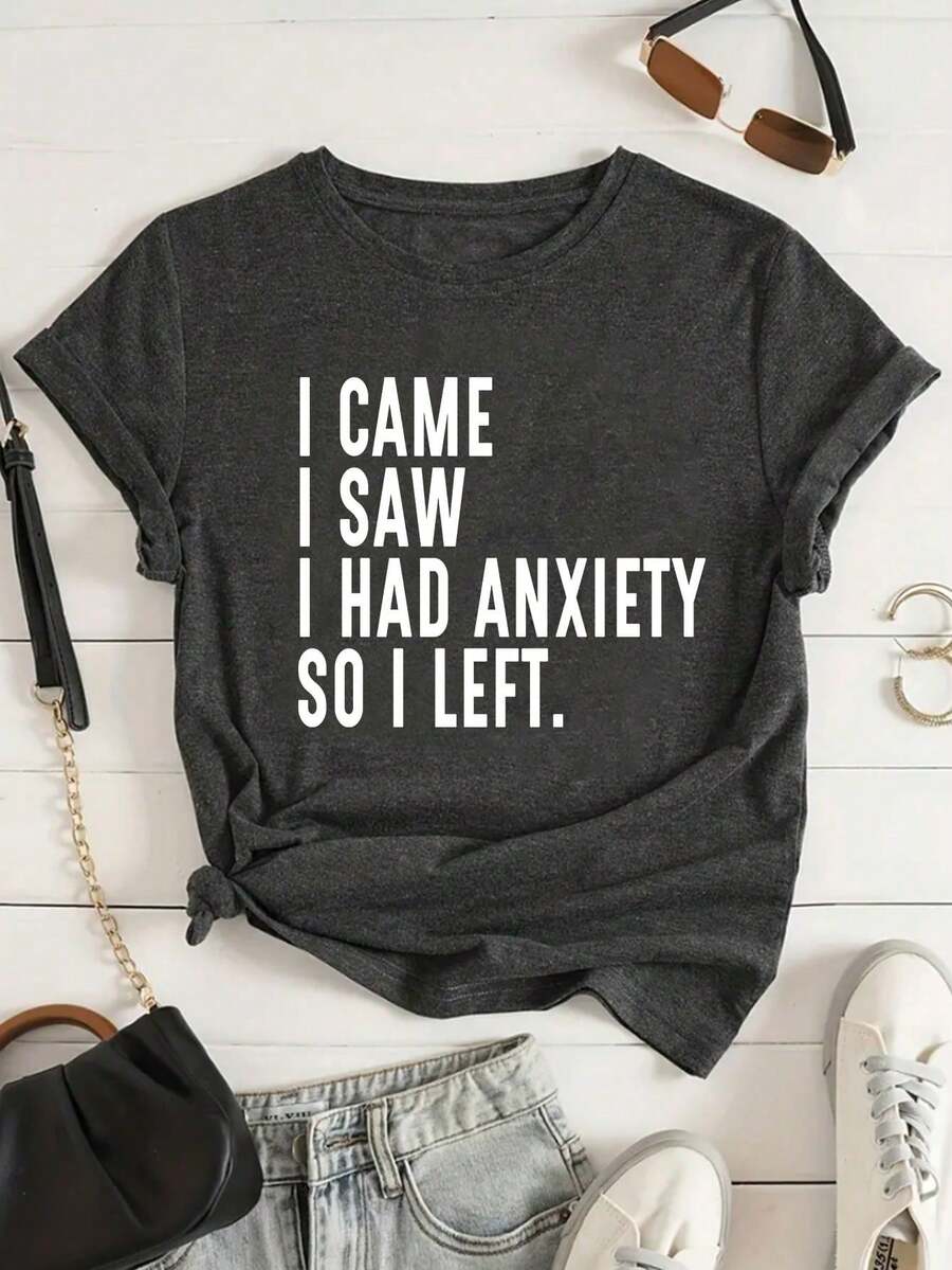 Camiseta de manga corta con estampado de eslogan para mujer , con la frase 'Vine, vi, tenía ansiedad, así que me fui', camisetas gráficas para mujer. - Gris Oscuro - Ver 1
