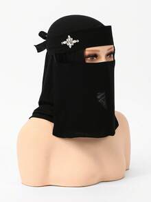 1PC Women's Solid Color Niqab With Flower & Leaf Rhinestone Decor, Lightweight Breathable Tie-Up Mask, Fashion Versatile Face Mask - Mask - View 5