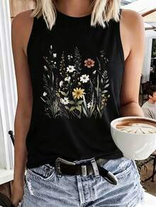 Women Sleeveless Tank Top, Vintage Wildflower Print, Racerback Loose Fit, Soft Cotton Mid-Length Vest; Boho, Daily/Vacation/Layering Casual Wear - 黑色 - 查看 9