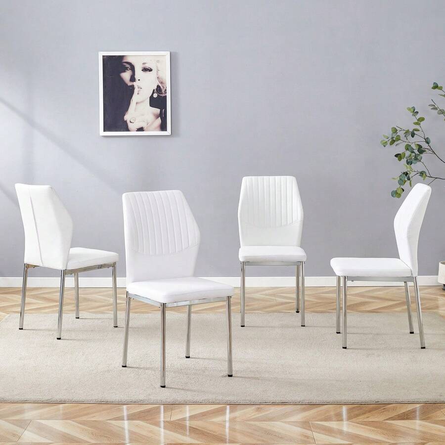 [Set Of 4] Stylish Dining Chairs In A Lightweight Luxury Style / Modern Dining Room Set / PU Backrest With Vertical Embossing + Metal Legs / Load Capacity 120 Kg, Easy To Assemble / Suitable For Dining Rooms Or Living Rooms In A Lightweight Luxury Design. - White+Silver - View 1