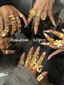 20/15/14/10/6pcs Multi-Piece Stackable Vintage Coin, Chunky/Elegant Flower, Geometric, Knot, Colorful Resin Faux Pearl, Shell, Sunburst, Bow Knot, Hollow, Wavy, Asymmetric Shaped, Textured, Round Metal Minimalist Rings Set, Fashion, Elegant, Vintage, Sophisticated Design, Suitable For Holiday, Party, Date, Gift, Daily Wear - Yellow Gold - View 11