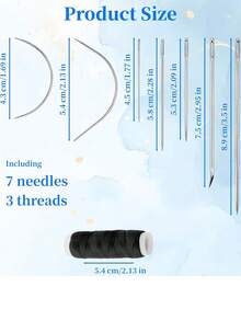 Needle And Thread Set, Hair Extension Needles, 3pcs Black Waxed Thread With 1 Set Wig Sewing Needles, Used For Hand-Sewing Wigs And Extensions, C/J Shaped Curved Needles For Hair Extensions And Daily Use - Black - View 2