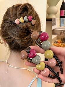 Beaded/Heart-Shaped Twisted Hair Clip - Sweet Minimalist Hair Accessory, Suitable For Women; Elegant Hair Accessory, Suitable For Updos And Smoothing Frizz,Clips For Hair - Multicolor - View 1